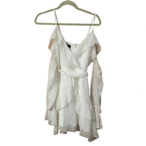 PARISIAN WHITE SWISS DOT COLD SHOULDER RUFFLE DRESS